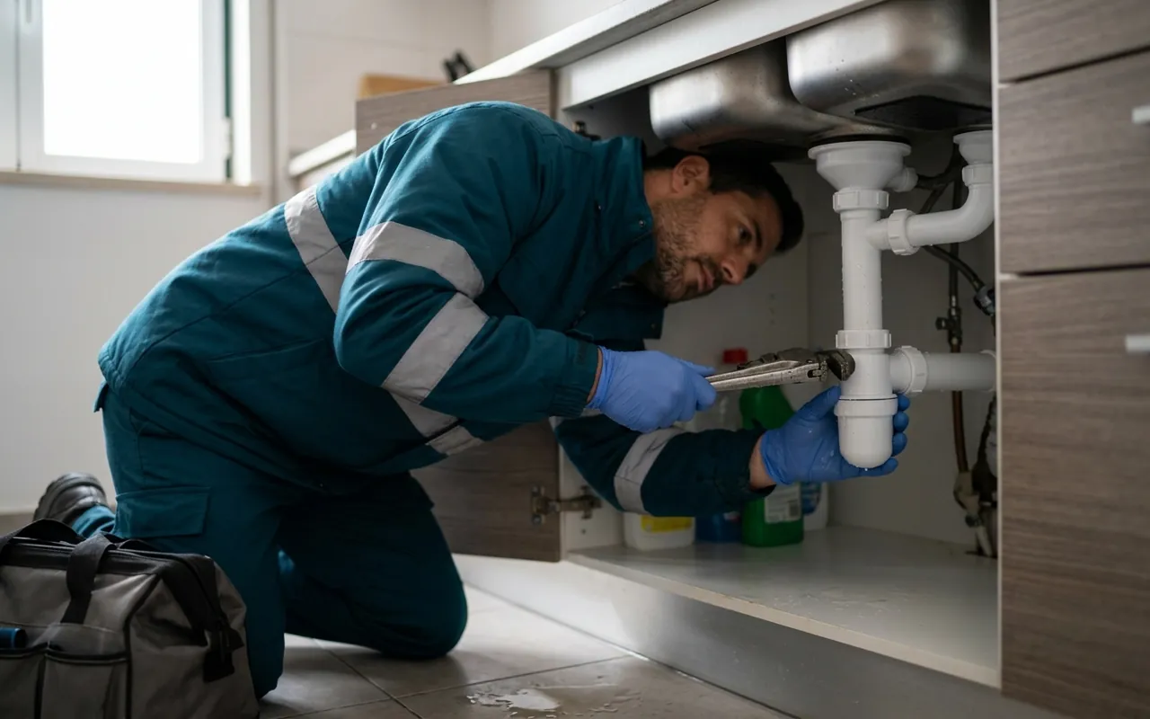 Técnico da Reparações Ibérico a reparar a canalização sob um lava-loiça