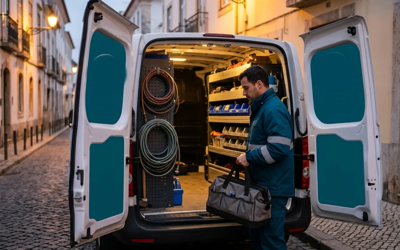 Técnico a retirar a mala de ferramentas da carrinha de assistência