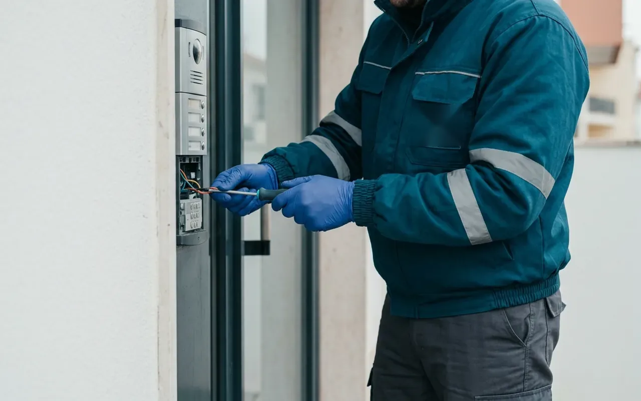 Técnico a intervir na instalação elétrica de um videoporteiro