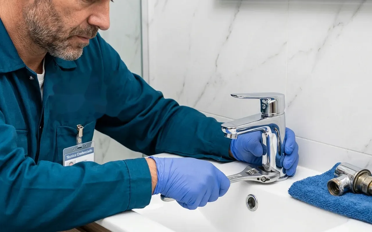Técnico da Reparações Ibérico a substituir uma torneira misturadora